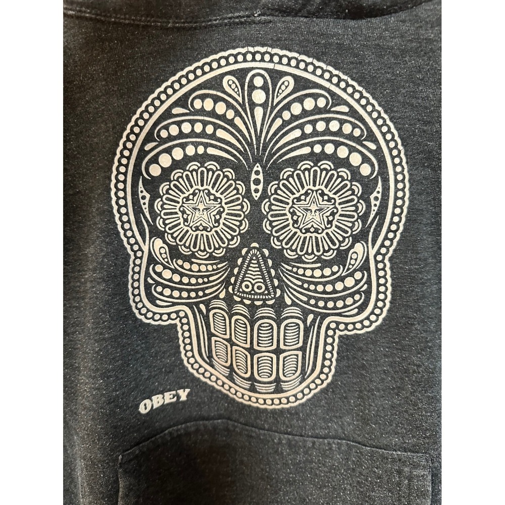 Obey Womens Sugar Skull Hoodie Charcoal Gray Heather Graphic Sweatshirt Small - Picture 2 of 7